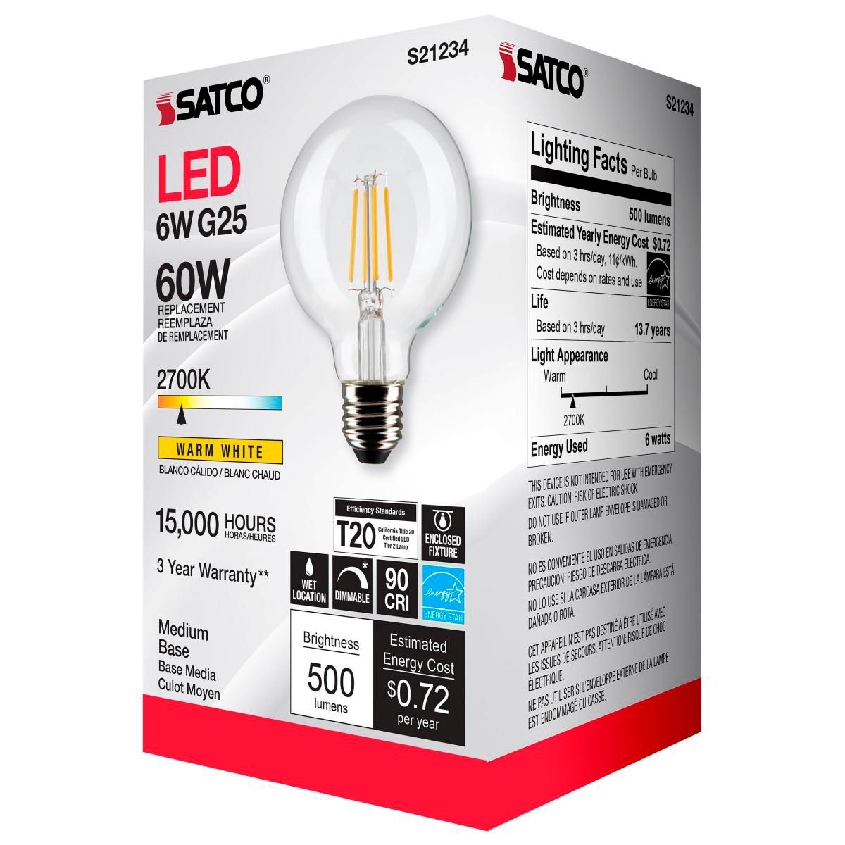 60W Equivalent 6W 2700K Dimmable Clear G25 Globe Standard Bulb by Satco in scene