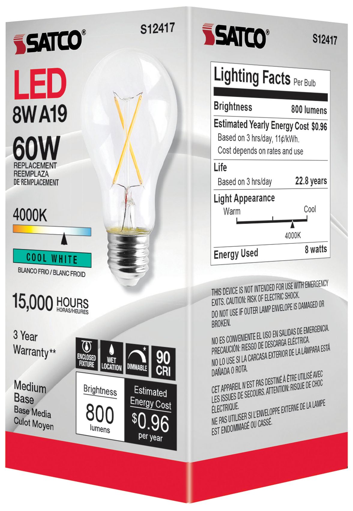 Image 4 60W Equivalent 8W A19 E26 Base 4000K LED Bulb by Satco more views
