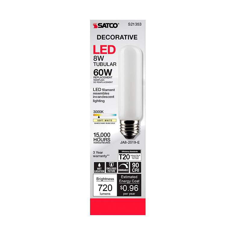 Image 4 60W Equivalent 8W Dimmable Standard White T10 LED Tube Bulb by Satco more views