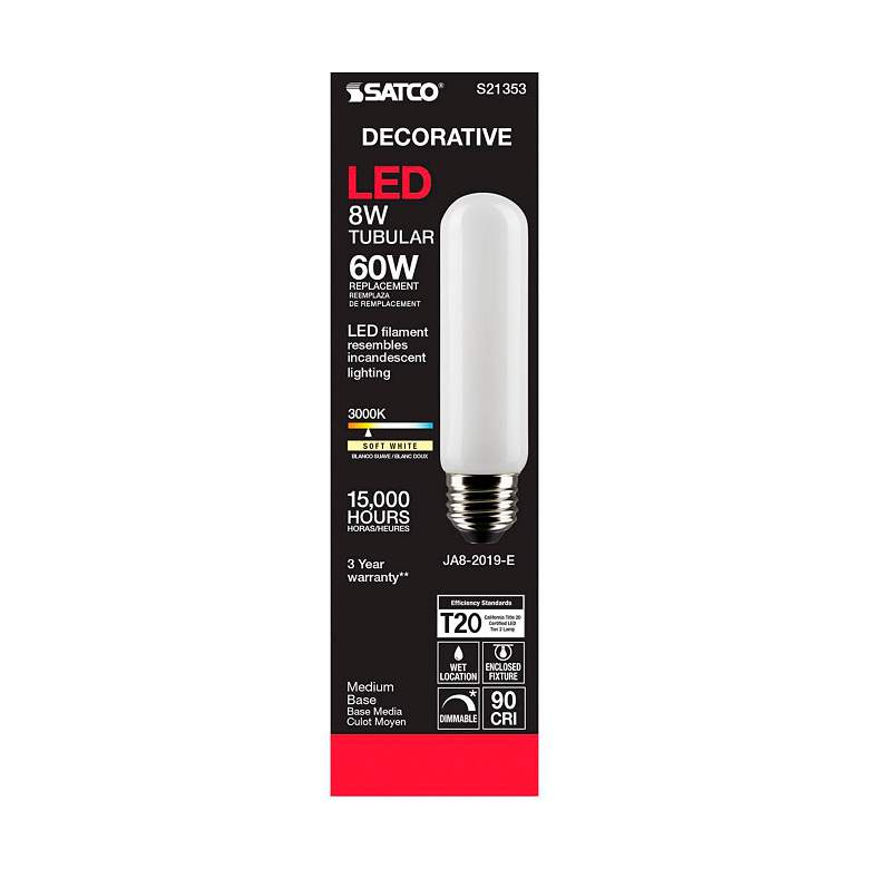 Image 5 60W Equivalent 8W Dimmable Standard White T10 LED Tube Bulb by Satco more views