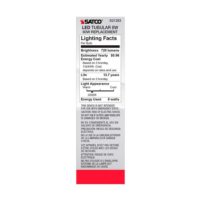 Image 6 60W Equivalent 8W Dimmable Standard White T10 LED Tube Bulb by Satco more views