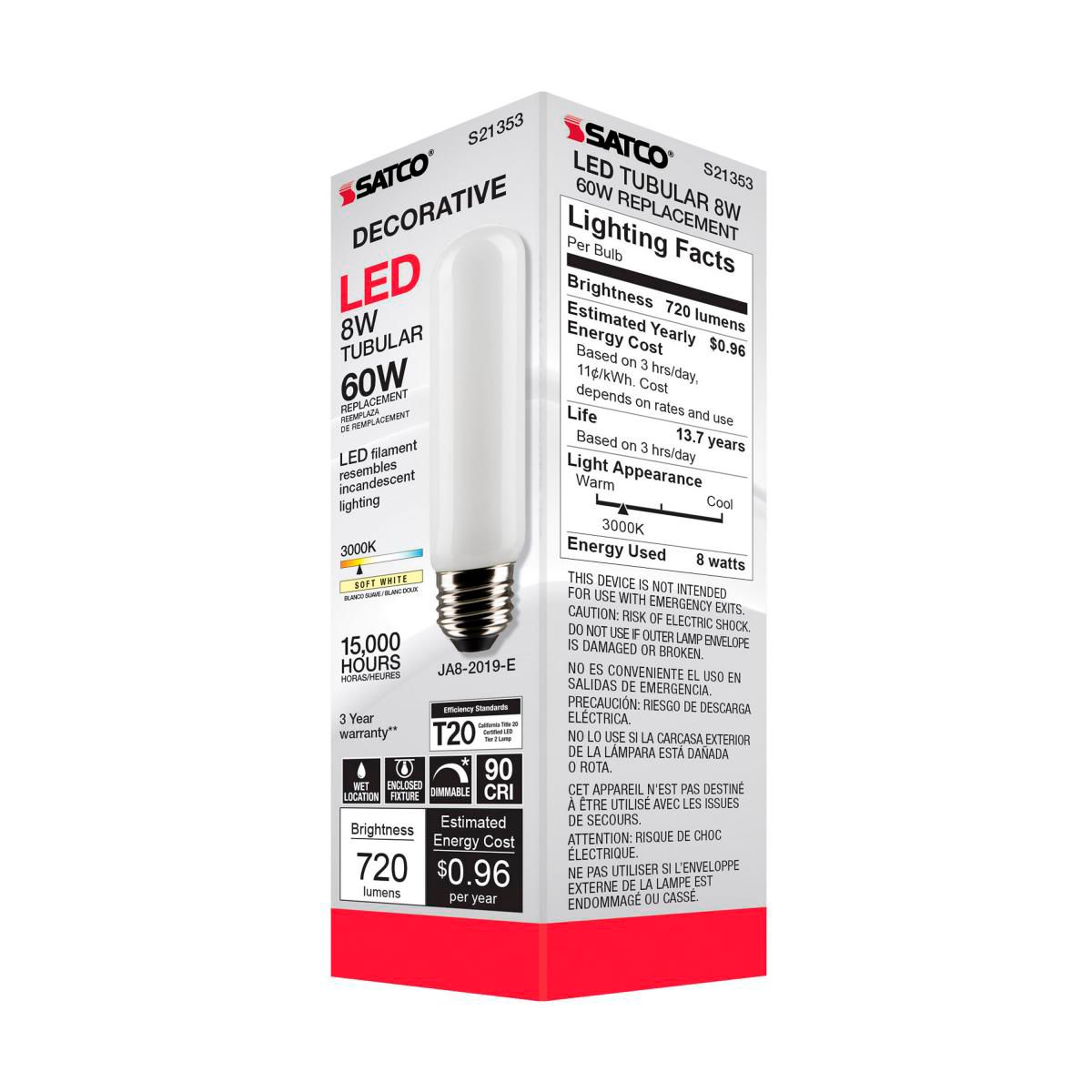60W Equivalent 8W Dimmable Standard White T10 LED Tube Bulb by Satco in scene