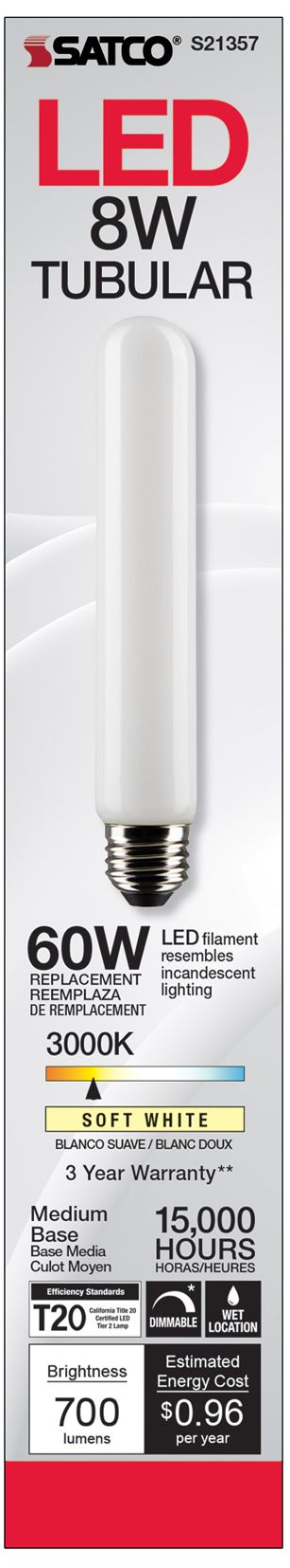 Image 4 60W Equivalent 8W Dimmable Standard White T9 LED Tube Bulb by Satco more views