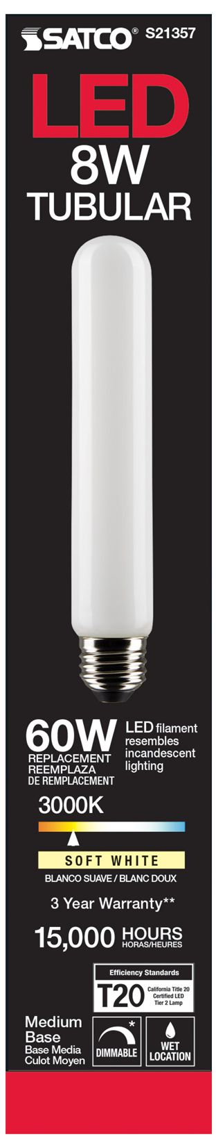 Image 5 60W Equivalent 8W Dimmable Standard White T9 LED Tube Bulb by Satco more views