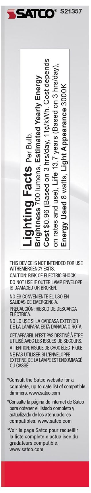 Image 6 60W Equivalent 8W Dimmable Standard White T9 LED Tube Bulb by Satco more views