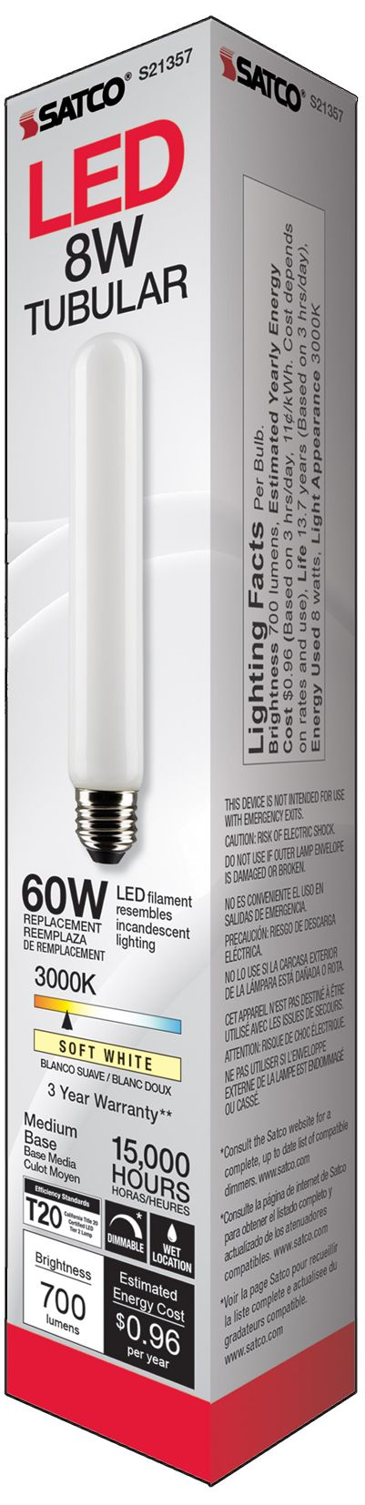 60W Equivalent 8W Dimmable Standard White T9 LED Tube Bulb by Satco