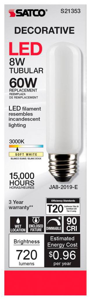 Image 4 60W Equivalent 8W Dimmable White T10 LED Tube Bulb by Satco Pack of 6 more views