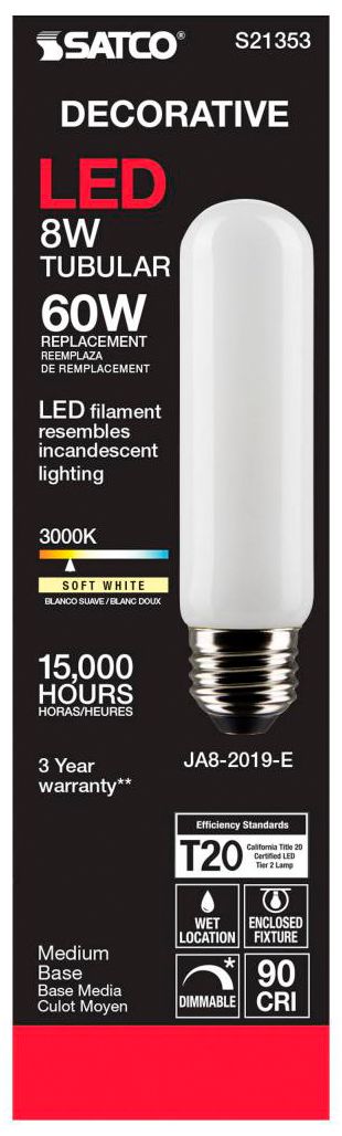 Image 5 60W Equivalent 8W Dimmable White T10 LED Tube Bulb by Satco Pack of 6 more views