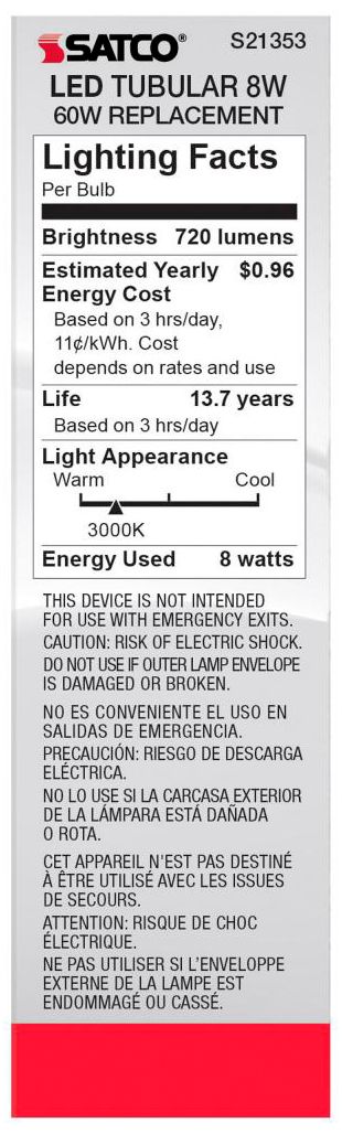 Image 6 60W Equivalent 8W Dimmable White T10 LED Tube Bulb by Satco Pack of 6 more views