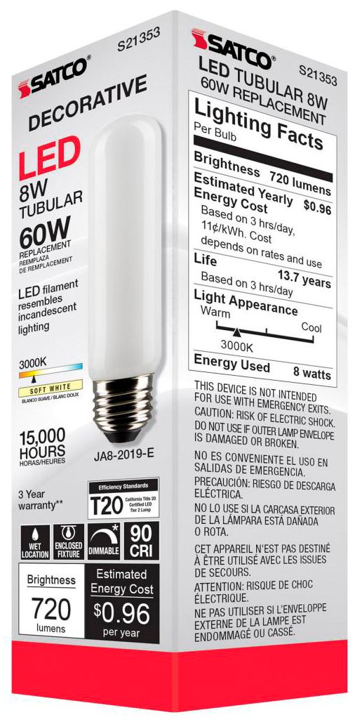 60W Equivalent 8W Dimmable White T10 LED Tube Bulb by Satco Pack of 6