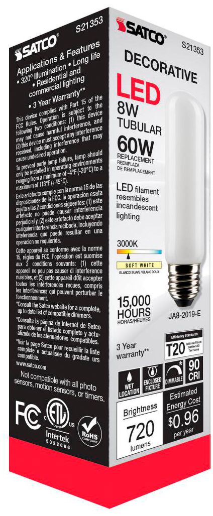 60W Equivalent 8W Dimmable White T10 LED Tube Bulb by Satco Pack of 6