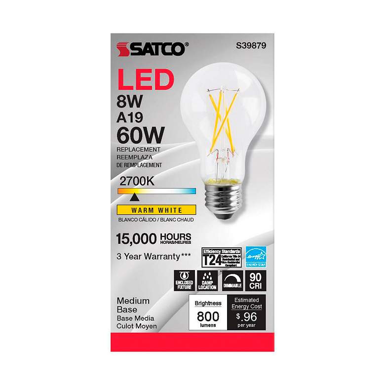 Image 2 60W Equivalent 8W LED Dimmable E26 2700K Clear A19 Light Bulb by Satco more views
