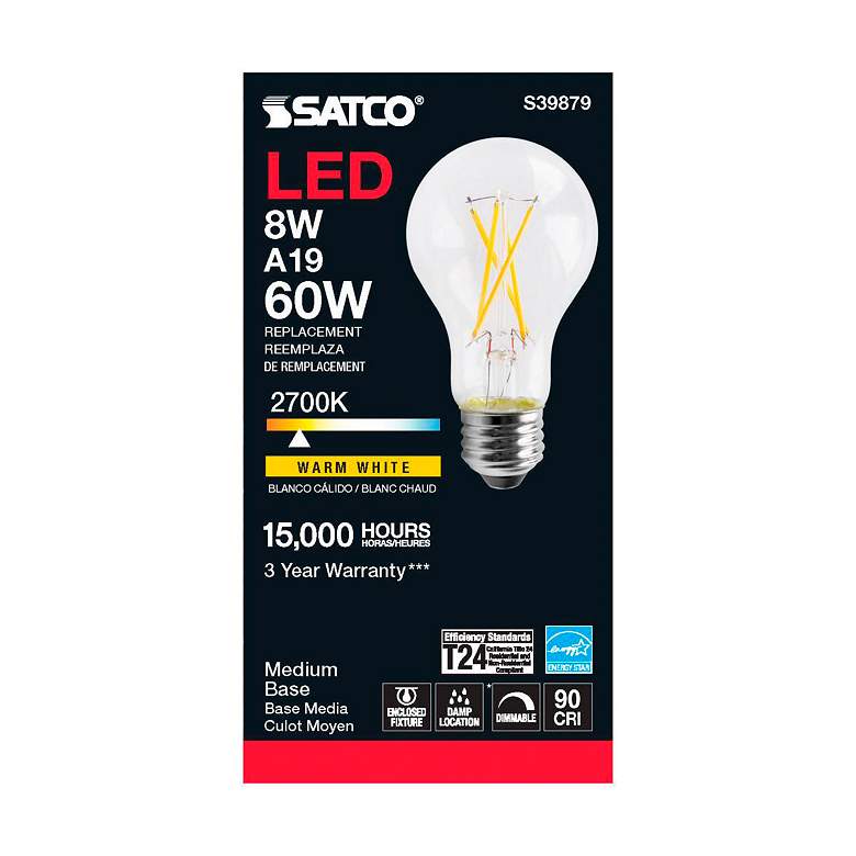 Image 3 60W Equivalent 8W LED Dimmable E26 2700K Clear A19 Light Bulb by Satco more views