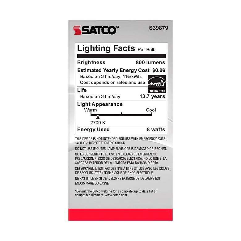 Image 4 60W Equivalent 8W LED Dimmable E26 2700K Clear A19 Light Bulb by Satco more views