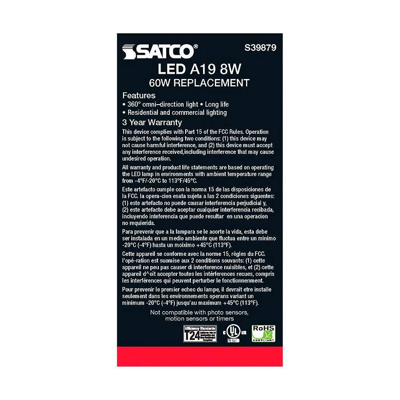 Image 5 60W Equivalent 8W LED Dimmable E26 2700K Clear A19 Light Bulb by Satco more views