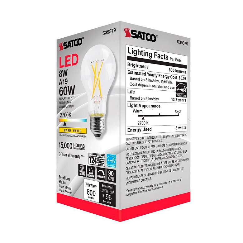 Image 6 60W Equivalent 8W LED Dimmable E26 2700K Clear A19 Light Bulb by Satco more views