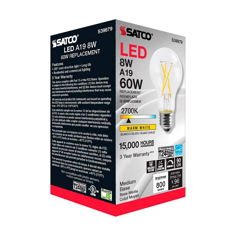 Image 7 60W Equivalent 8W LED Dimmable E26 2700K Clear A19 Light Bulb by Satco more views