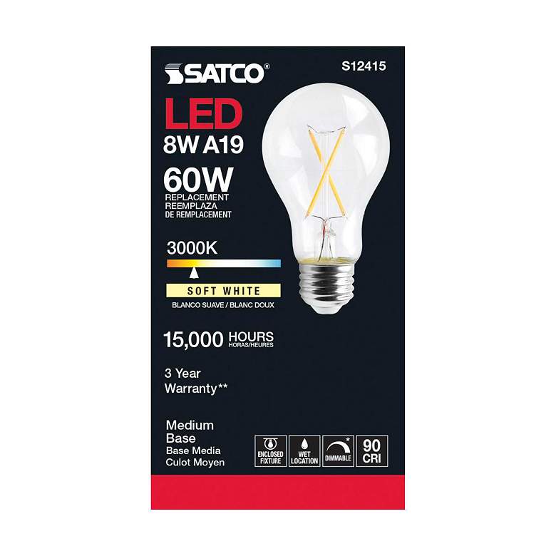 Image 3 60W Equivalent 8W LED Dimmable E26 3000K Clear Glass A19 Bulb by Satco more views