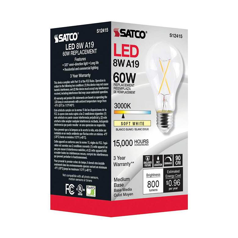 Image 4 60W Equivalent 8W LED Dimmable E26 3000K Clear Glass A19 Bulb by Satco more views