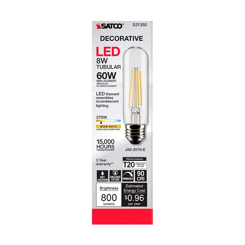Image 4 60W Equivalent Clear 8W LED Dimmable Standard T10 Tube Bulb by Satco more views