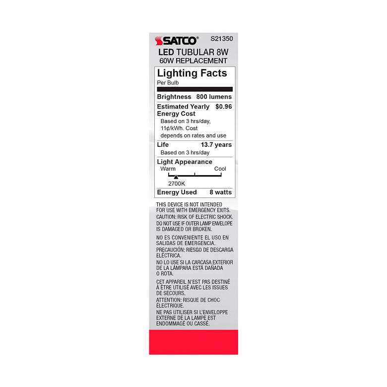 Image 6 60W Equivalent Clear 8W LED Dimmable Standard T10 Tube Bulb by Satco more views