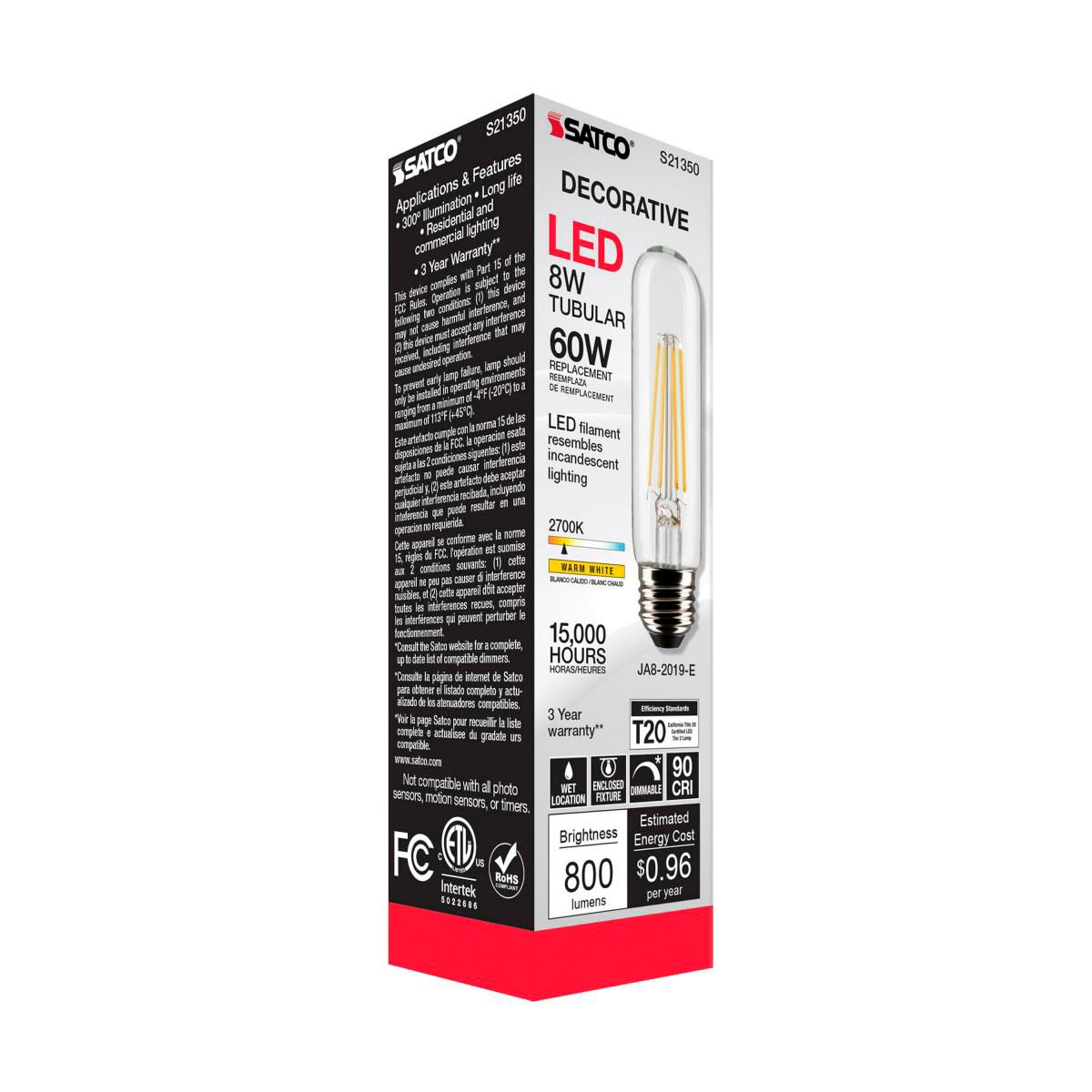 60W Equivalent Clear 8W LED Dimmable Standard T10 Tube Bulb by Satco in scene