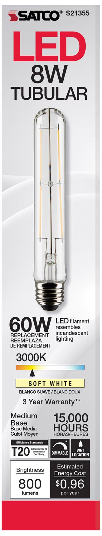 Image 5 60W Equivalent Clear 8W Standard Base Dimmable LED T9 Tube Bulb by Satco more views