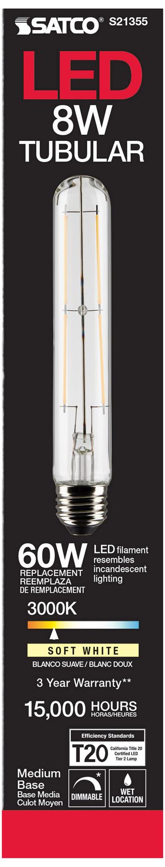 Image 6 60W Equivalent Clear 8W Standard Base Dimmable LED T9 Tube Bulb by Satco more views