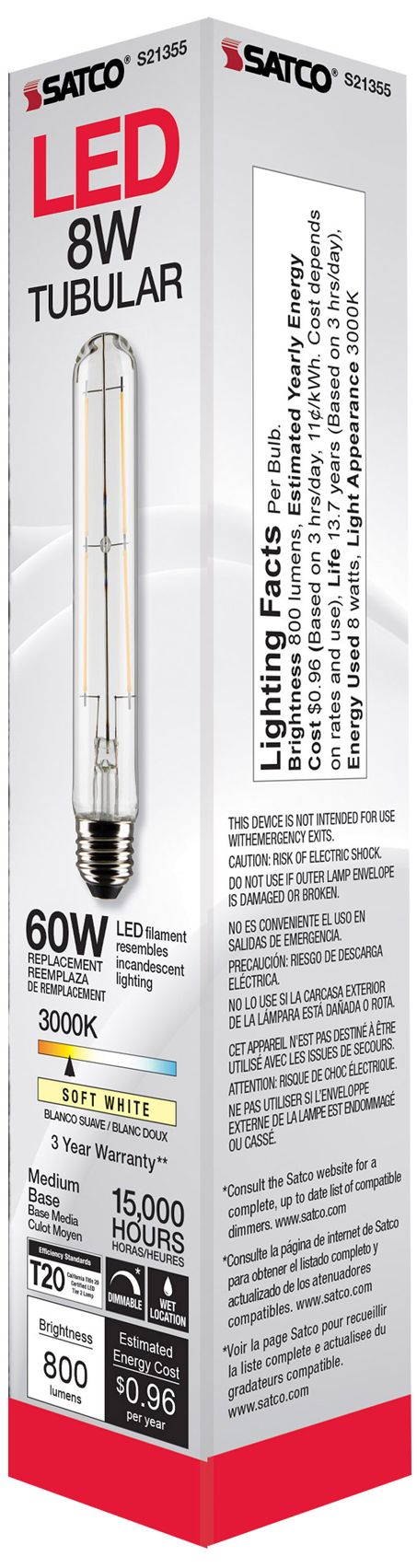 60W Equivalent Clear 8W Standard Base Dimmable LED T9 Tube Bulb by Satco