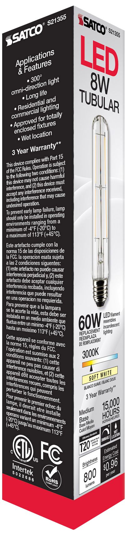 60W Equivalent Clear 8W Standard Base Dimmable LED T9 Tube Bulb by Satco