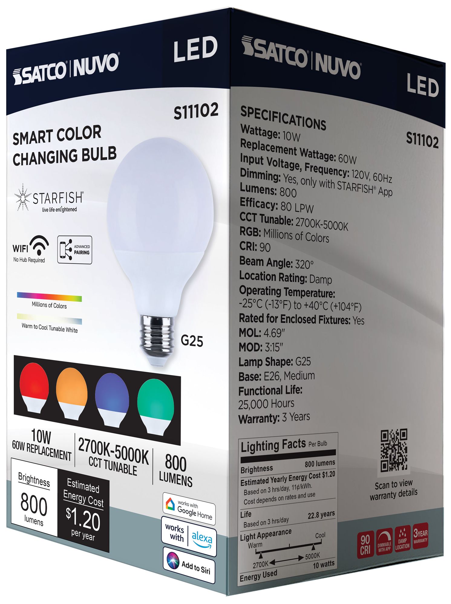 60W Equivalent Satco 10W White LED Dimmable Standard G25 Bulb 6-Pack