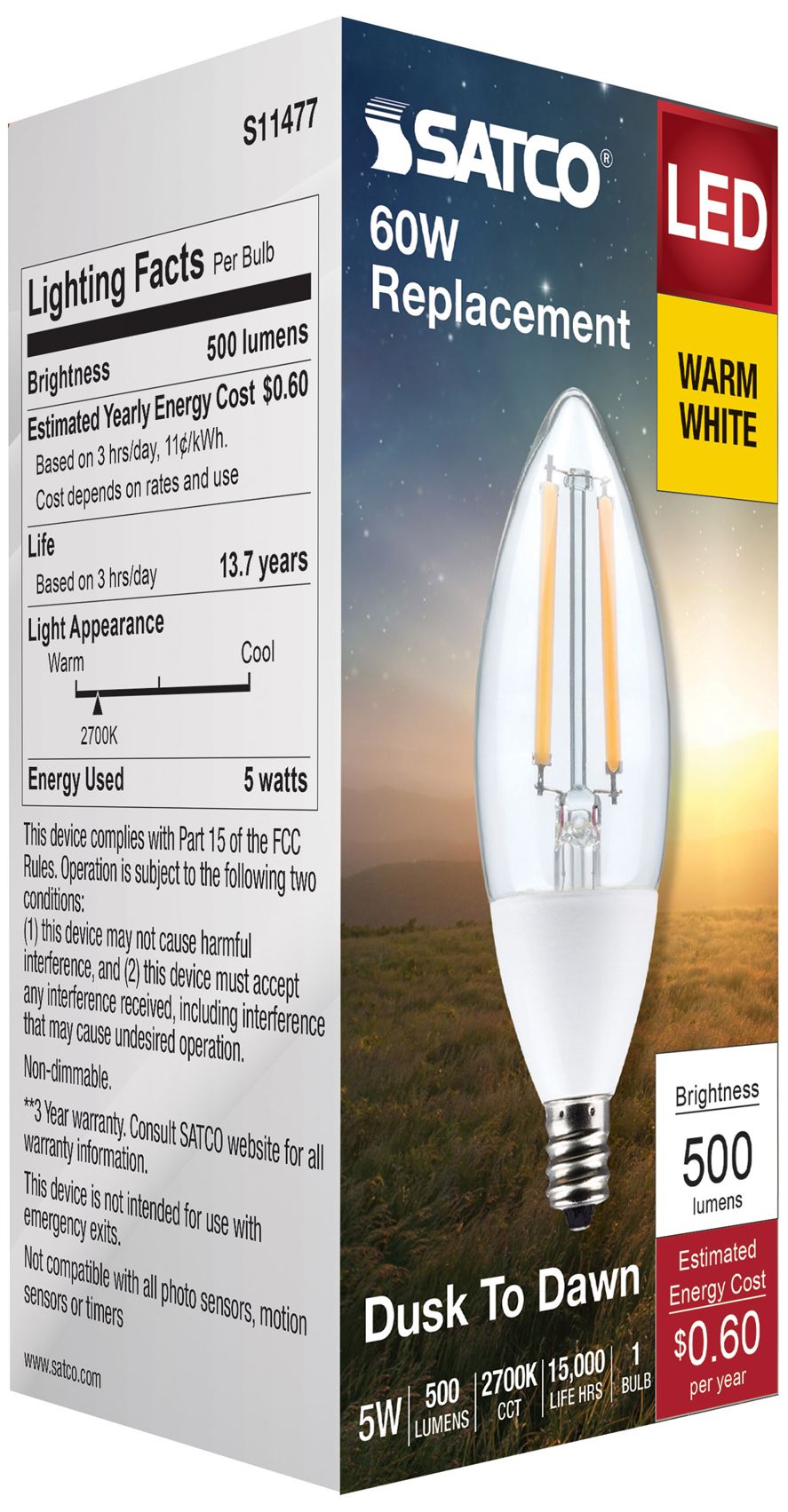 Image 6 60W Equivalent Satco 5W Frosted LED Non-Dimmable Candelabra B11 more views