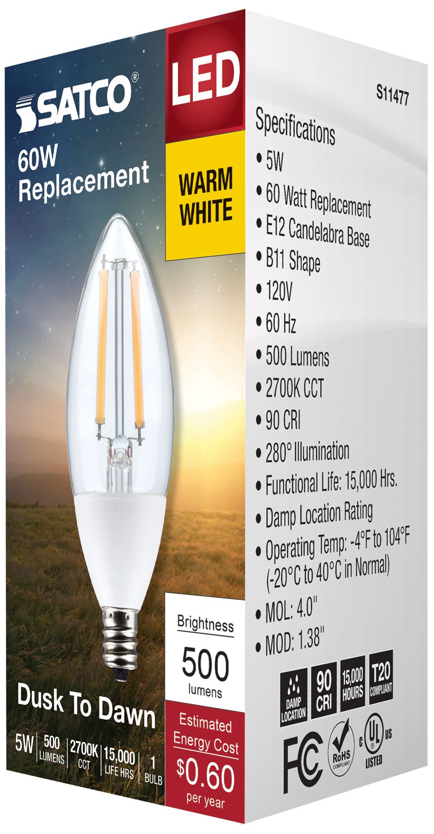 Image 7 60W Equivalent Satco 5W Frosted LED Non-Dimmable Candelabra B11 more views