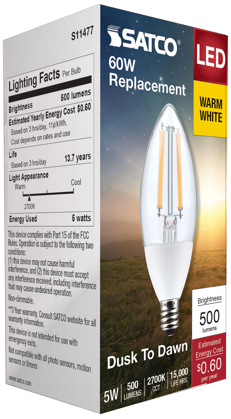 60W Equivalent Satco 5W Frosted LED Non-Dimmable Candelabra B11
