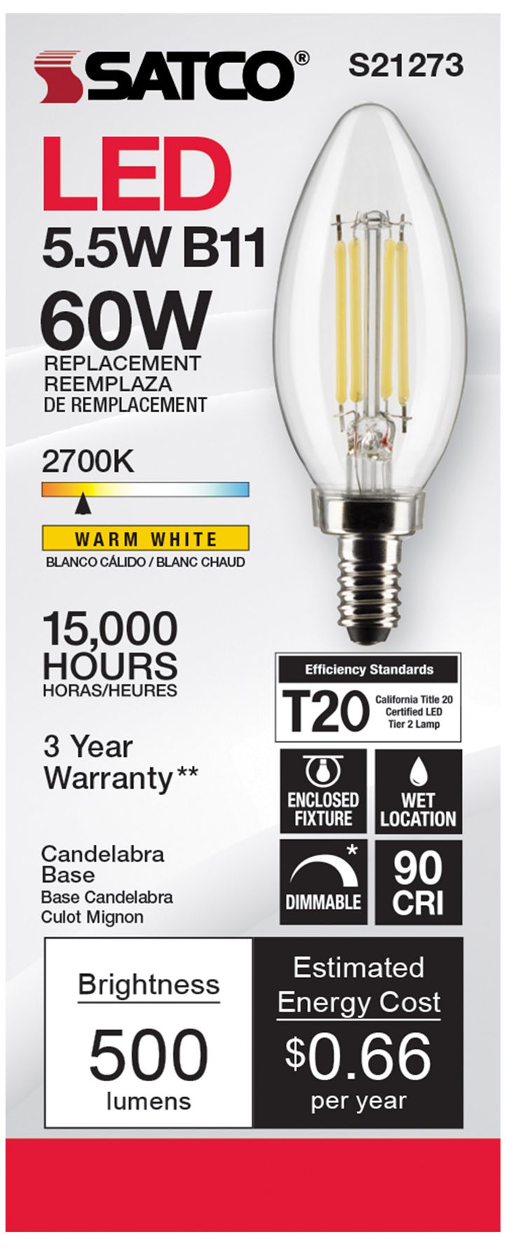Image 5 60W Equivalent Satco Clear 5.5W 2700K LED Dimmable E12 B11 6-Pack more views