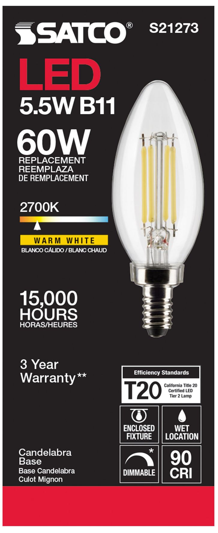 Image 6 60W Equivalent Satco Clear 5.5W 2700K LED Dimmable E12 B11 6-Pack more views