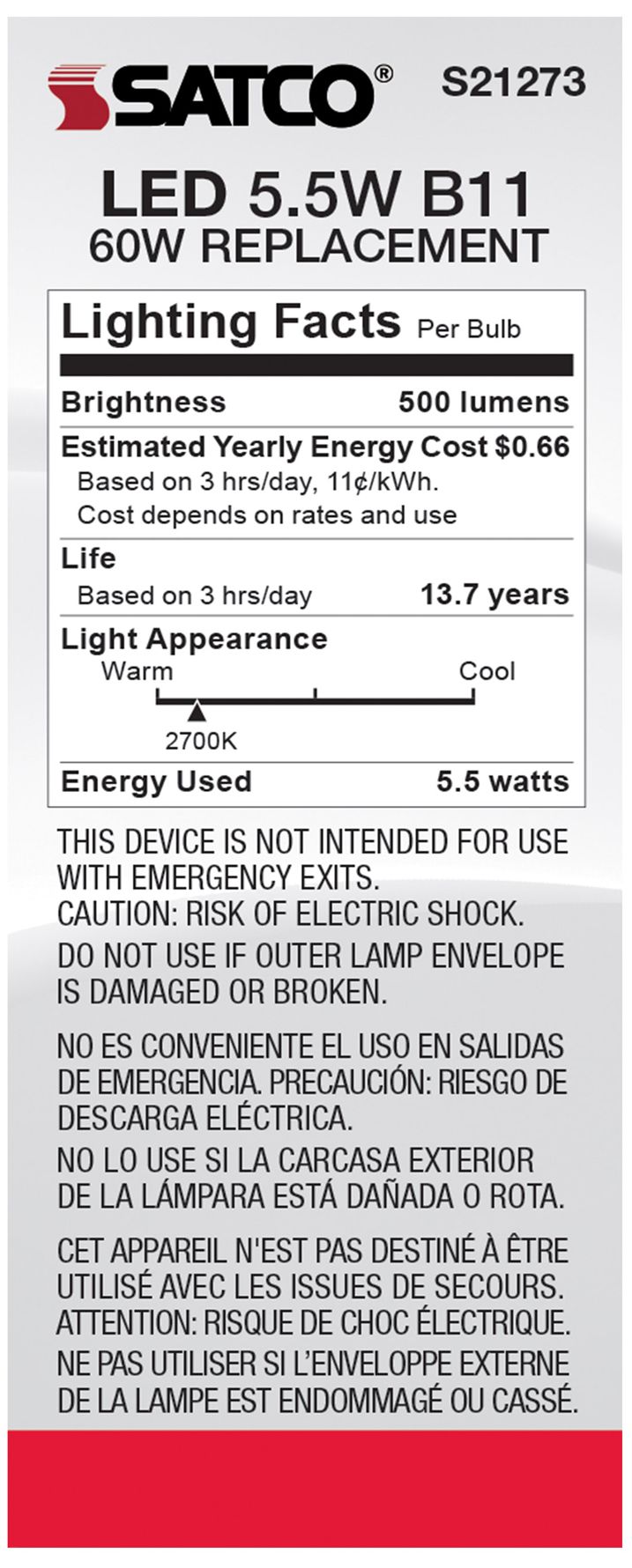 Image 7 60W Equivalent Satco Clear 5.5W 2700K LED Dimmable E12 B11 6-Pack more views
