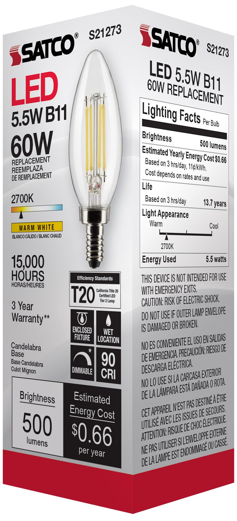 60W Equivalent Satco Clear 5.5W 2700K LED Dimmable E12 B11 6-Pack