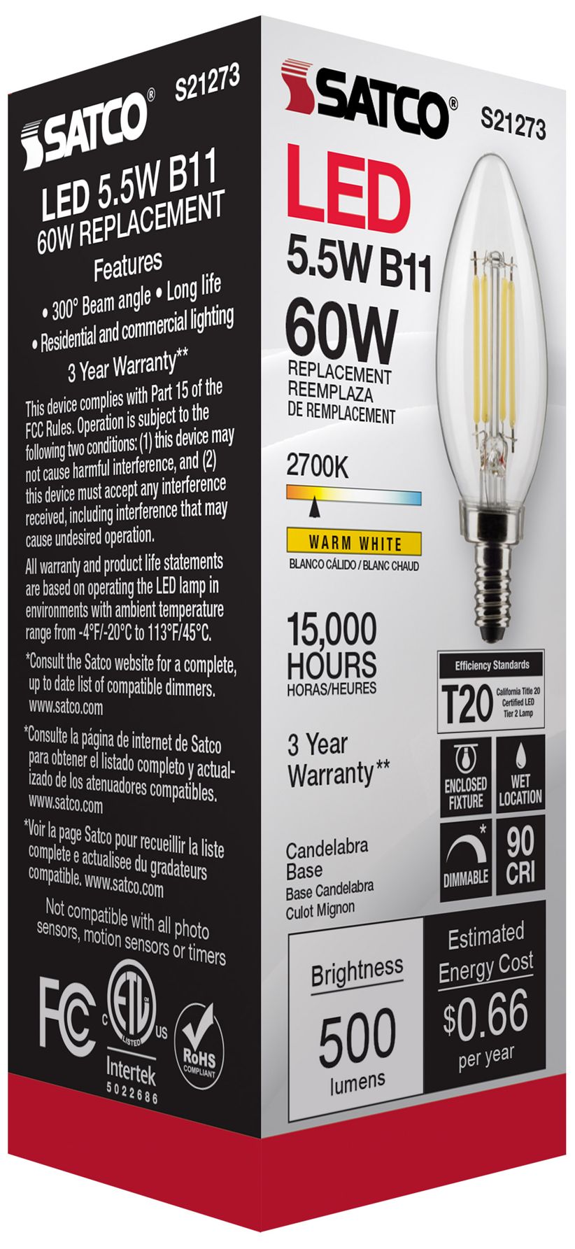 60W Equivalent Satco Clear 5.5W 2700K LED Dimmable E12 B11 6-Pack
