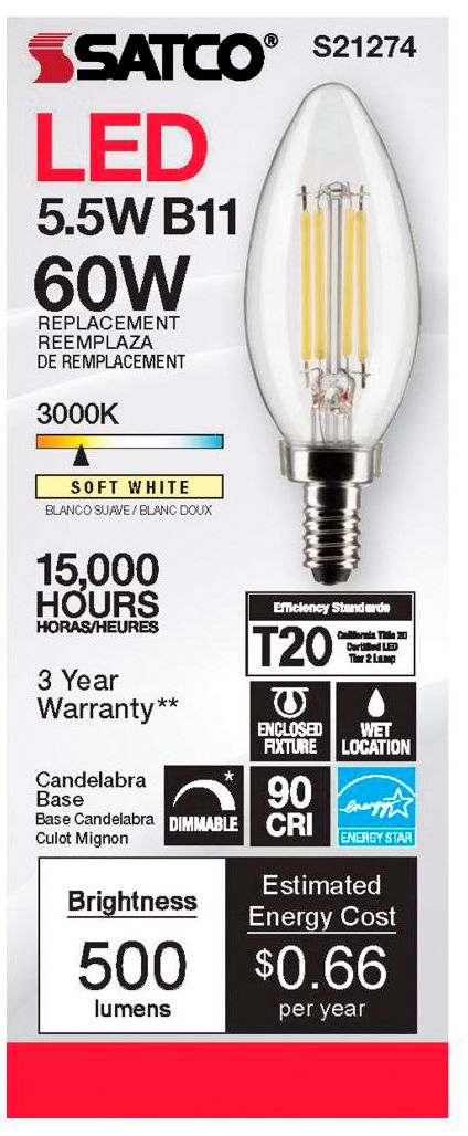 Image 4 60W Equivalent Satco Clear 5.5W 3000K LED Dimmable E12 B11 6-Pack more views