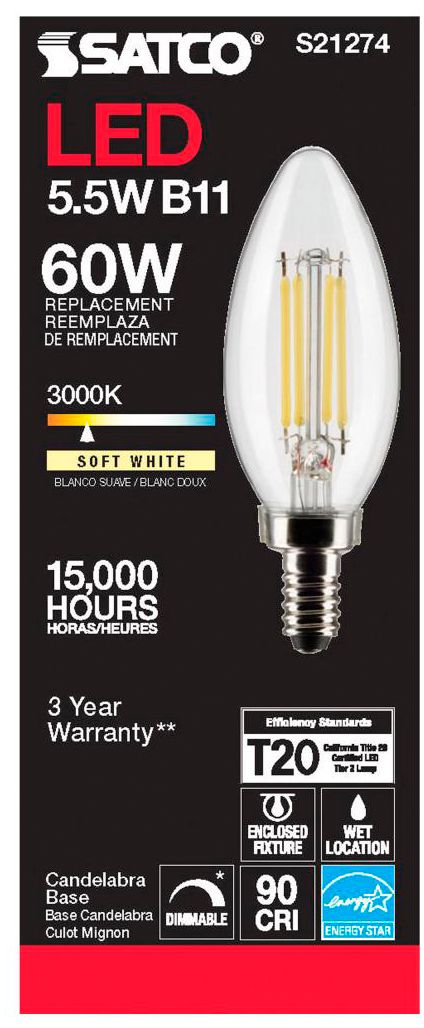 Image 5 60W Equivalent Satco Clear 5.5W 3000K LED Dimmable E12 B11 6-Pack more views