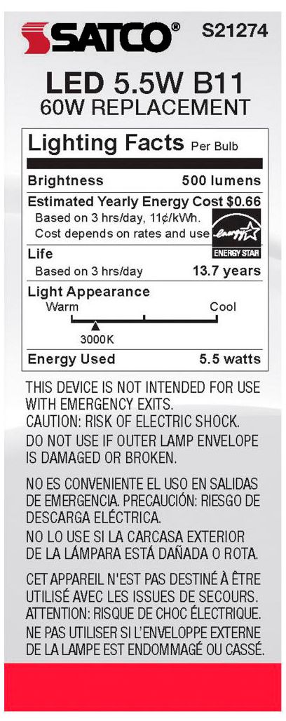 Image 6 60W Equivalent Satco Clear 5.5W 3000K LED Dimmable E12 B11 6-Pack more views