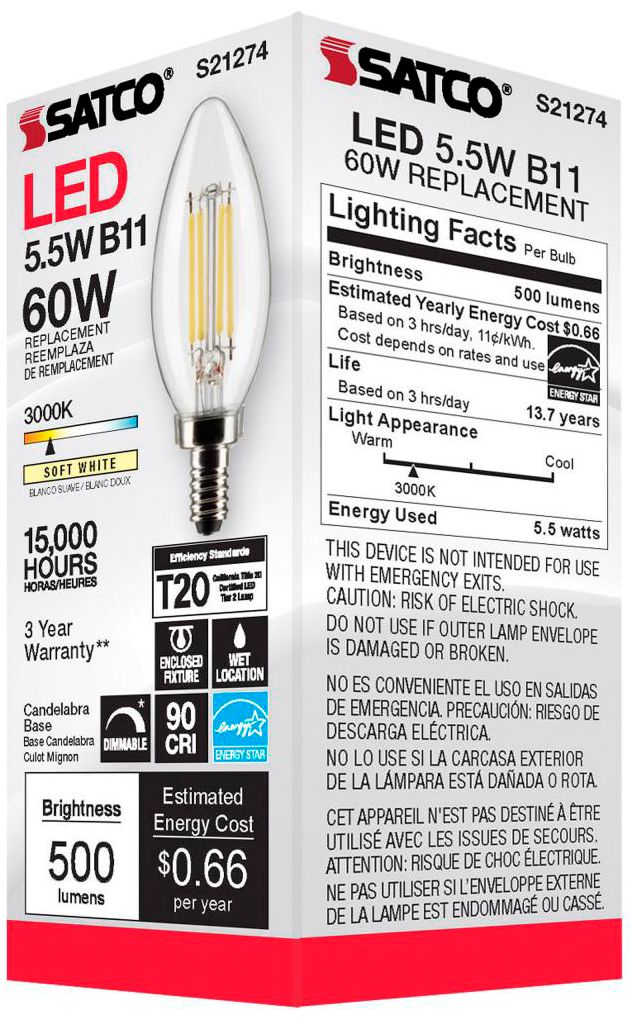 60W Equivalent Satco Clear 5.5W 3000K LED Dimmable E12 B11 6-Pack