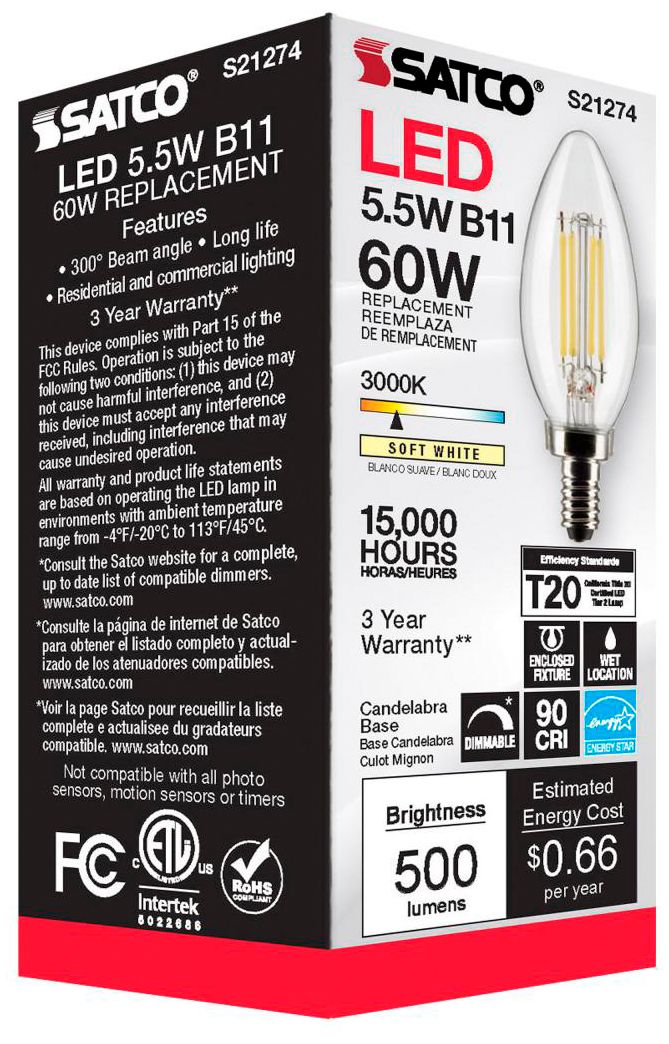 60W Equivalent Satco Clear 5.5W 3000K LED Dimmable E12 B11 6-Pack