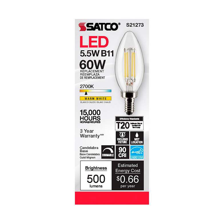 Image 5 60W Equivalent Satco Clear 5.5W LED Dimmable Candelabra B11 more views