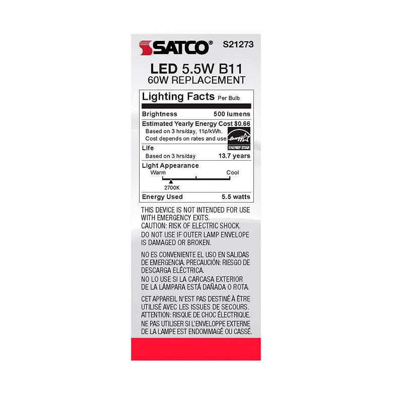 Image 7 60W Equivalent Satco Clear 5.5W LED Dimmable Candelabra B11 more views