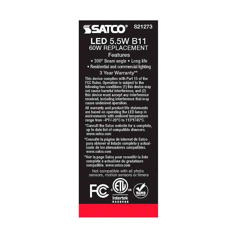 Image 7 60W Equivalent Satco Clear 5.5W LED Dimmable Candelabra B11 more views