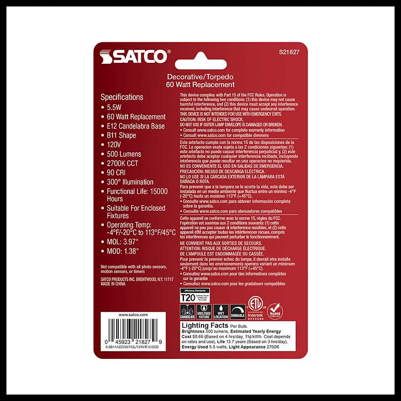 Image 5 60W Equivalent Satco Clear 5.5W LED Dimmable E12 B11 2-Pack more views