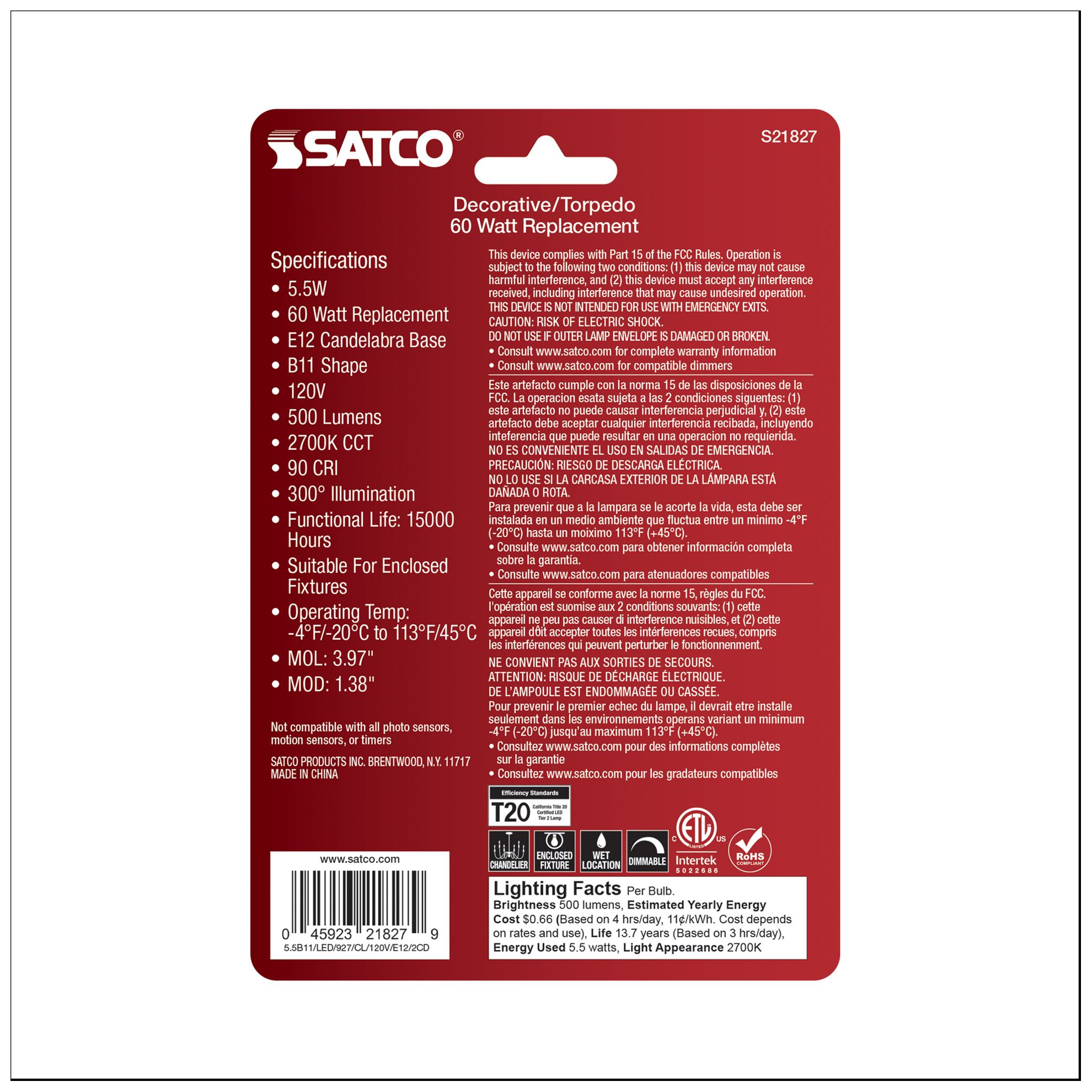 Image 5 60W Equivalent Satco Clear 5.5W LED Dimmable E12 B11 6-Pack more views