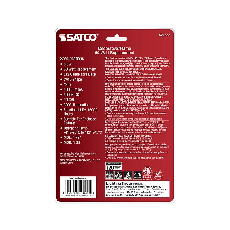 Image 5 60W Equivalent Satco Clear 5.5W LED Dimmable E12 CA10 2-Pack more views